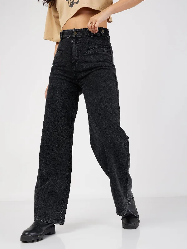 High Street Design Women Black Bone Pocket Straight Jeans